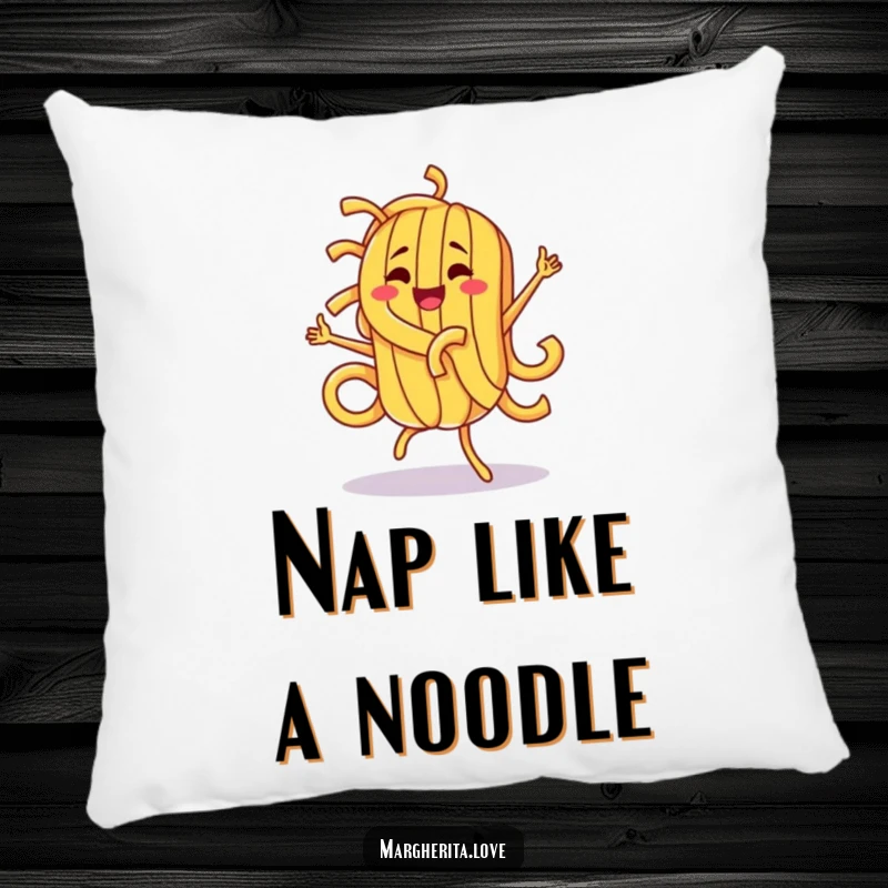 Funny pasta character grooving in a silly dance, printed on a soft pillow for ultimate comfort and humorous home decor.