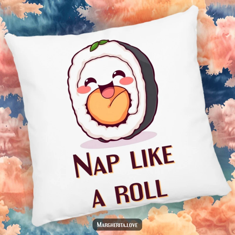 Funny sushi roll wiggle pillow featuring a delighted sushi roll wiggling happily, offering comfort and a cute, humorous accent.