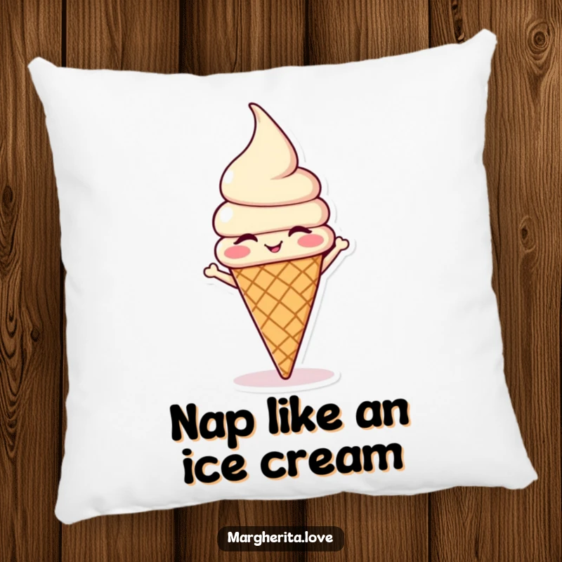 Funny winking ice cream cone doing a headstand, featured on a soft pillow for humorous relaxation and decor.