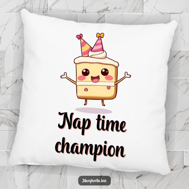 Funny pillow with a happy, bouncing cake slice character in a party hat, offering cute comfort.