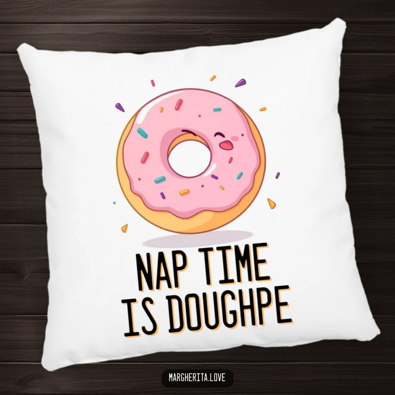 Funny donut pillow with a delighted donut illustration in a joyful spin, perfect for cozying up with cheer.
