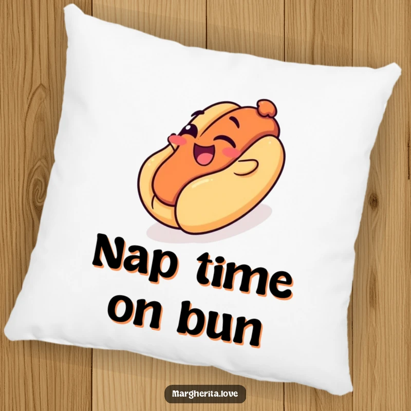 Funny pillow: A winking hot dog slides down a bun like a playground, a comfortable and humorous decorative item.