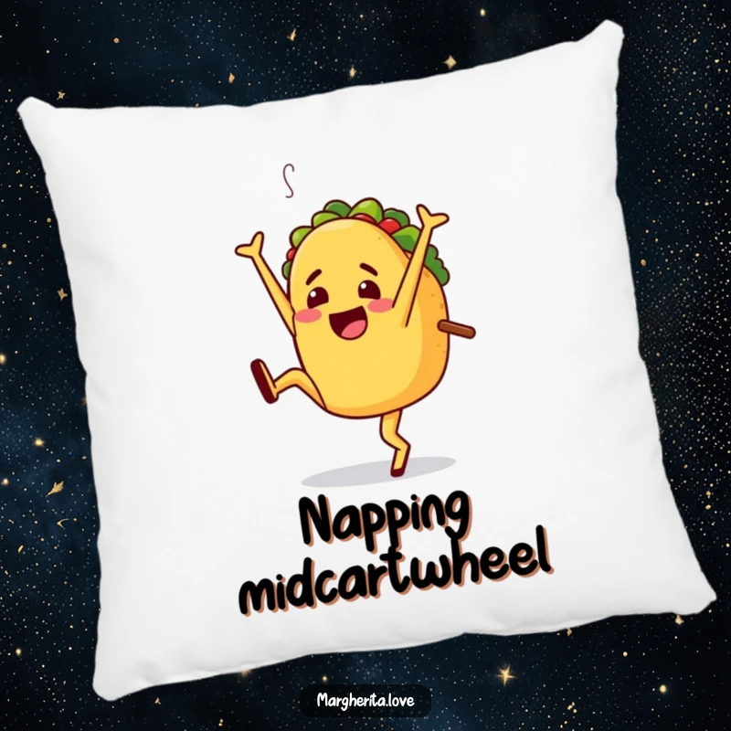 Funny pillow designed with a jaunty taco character performing a cartwheel, perfect for cozy fiesta humor and vibrant decor.