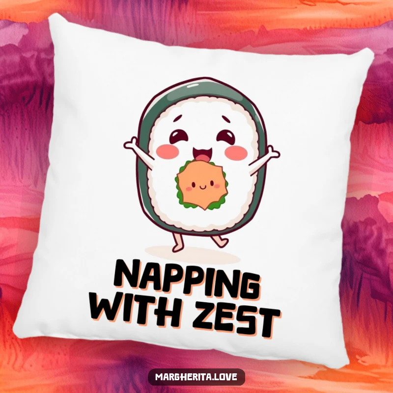Funny pillow featuring a happy sushi roll character in a dance pose, providing comfort and a touch of Japanese humor for your home.