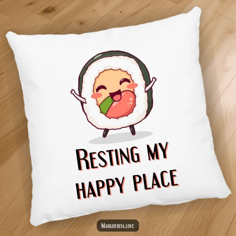 Funny sushi roll dance pillow featuring a delighted character performing a jaunty dance, perfect for adding comfort and humor.