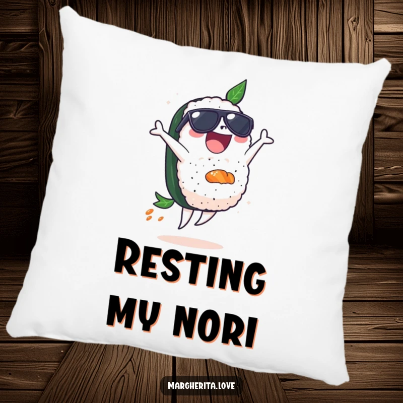 Funny pillow featuring a delighted sushi piece in sunglasses, mid-backflip, adding a humorous and cool touch to any space.