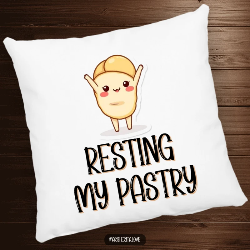 Funny pillow featuring a charming croissant character in a playful handstand pose, offering cozy comfort with whimsical style.