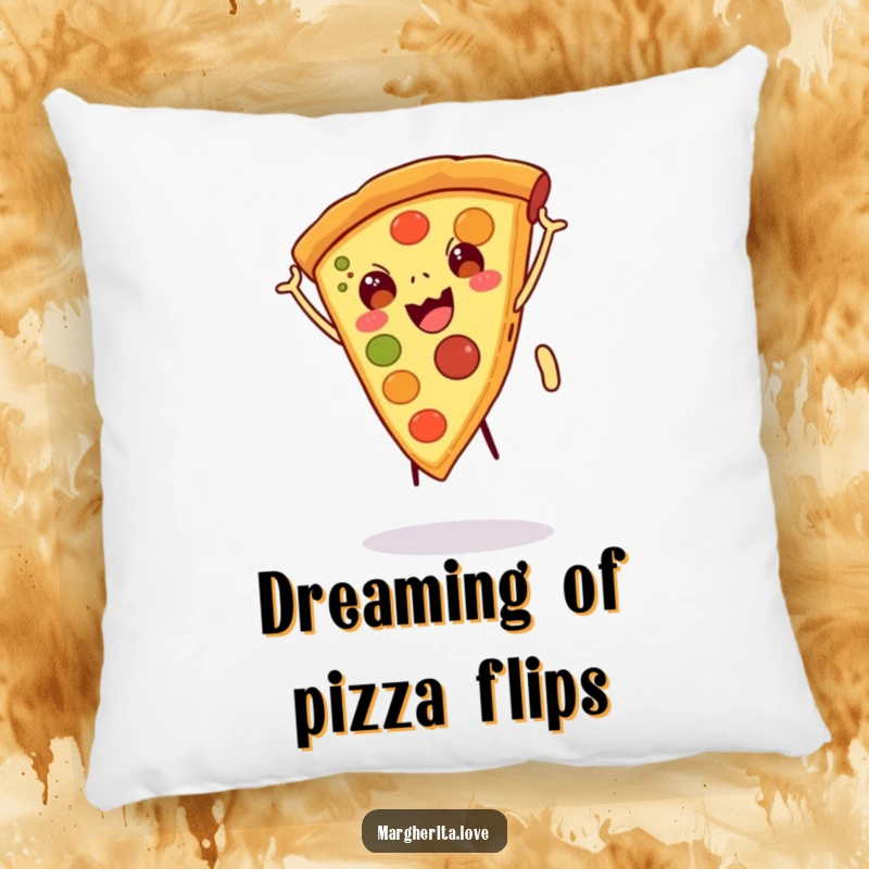 Funny pillow design of a happy pizza slice with legs doing a cartwheel, adding soft charm and humorous appeal to home decor, funny gift.