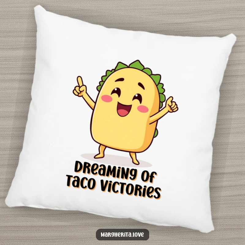 Funny pillow design of a grinning taco with arms doing a victory dance, adding soft charm and festive humor to home decor, funny gift.