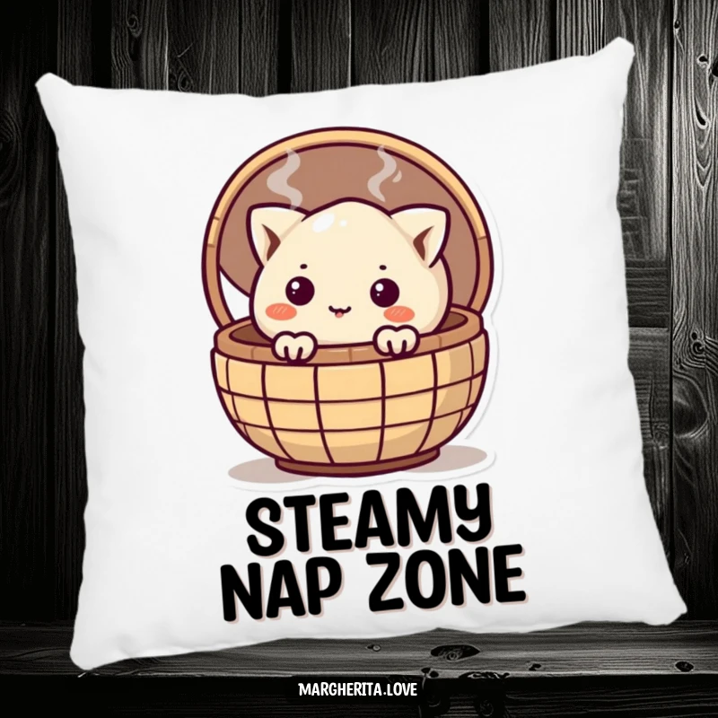 Funny curious dumpling peeking from a steamy basket, featured on a soft pillow for humorous relaxation and decor.
