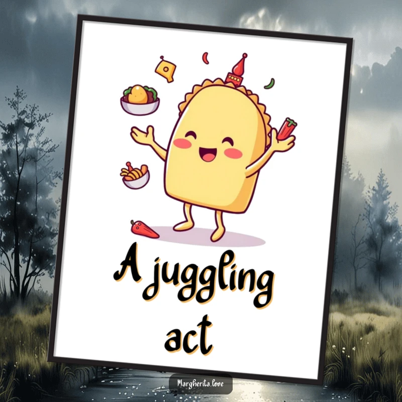 Happy taco character juggling miniature toppings, presented as a digital art print for instant decor.