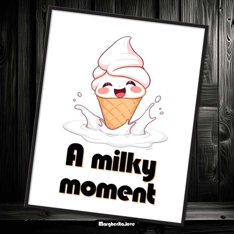 Funny digital art print of a giggling ice cream cone person splashing in milk, offering instant sweet humor and charm for any display.