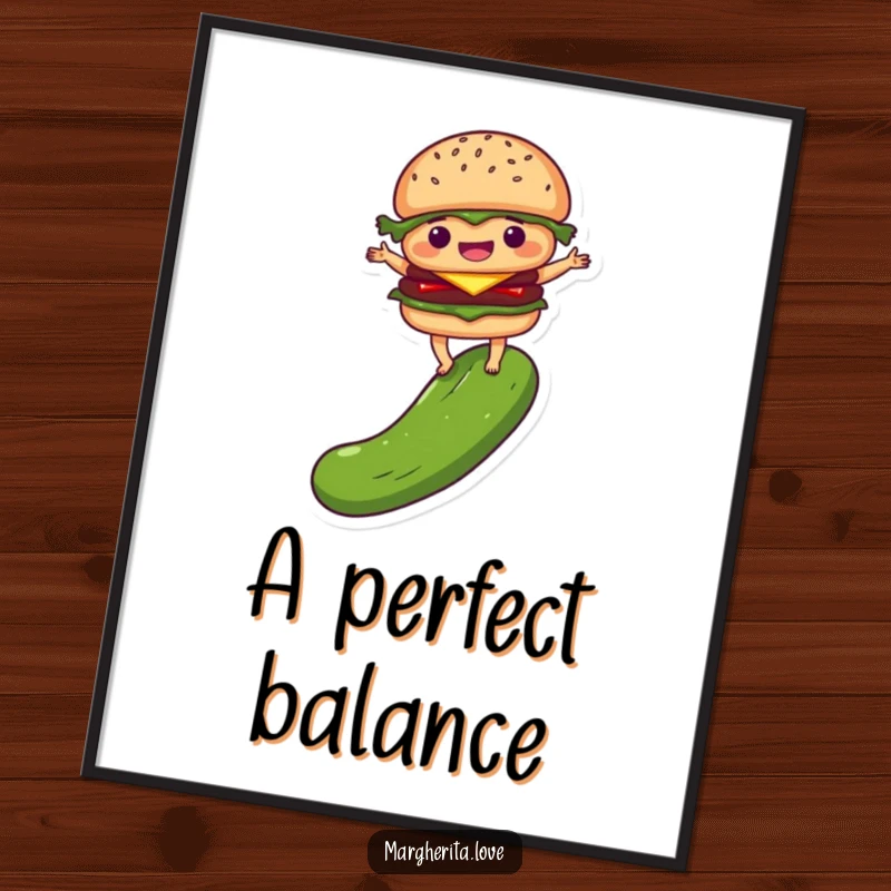 Funny digital art print of a delighted burger person balancing on a pickle, offering instant quirky food humor and charm for any display.
