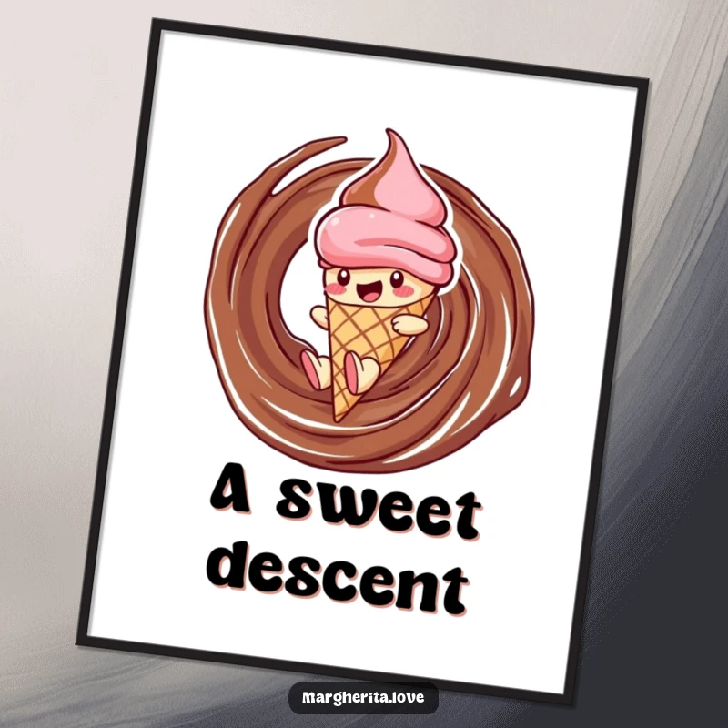 Funny ice cream digital art print of a delighted cone character sliding down a chocolate swirl, perfect for instant humor.