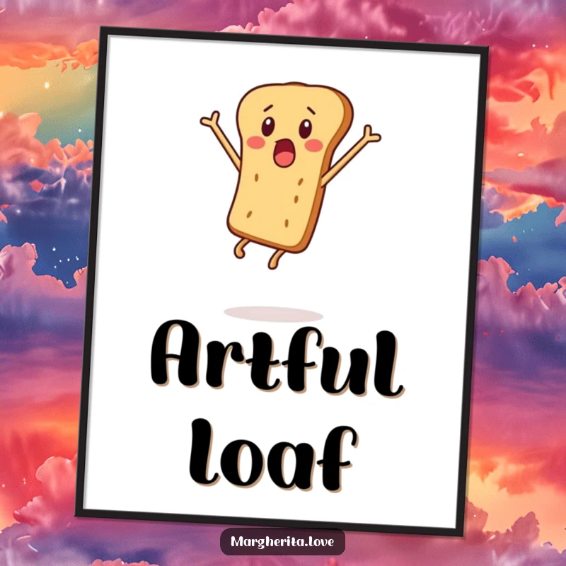 Funny digital art print of a surprised breadstick character leaping, offering instant whimsical and energetic decor.