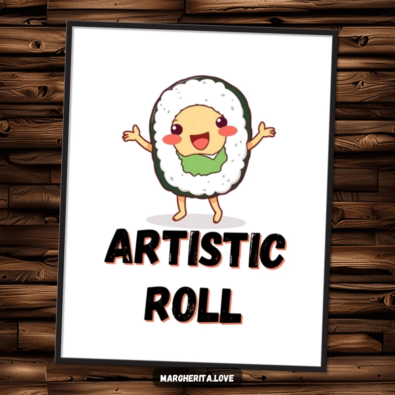 Funny digital art print of a sushi roll character dancing, offering instant vibrant and joyful decor.