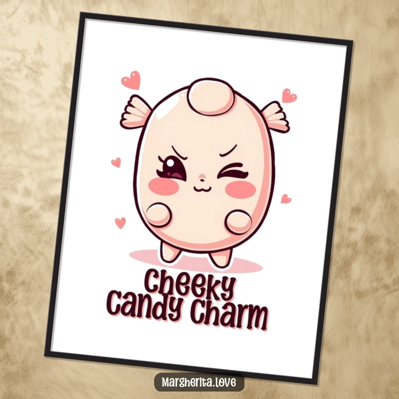 Funny candy digital art of a mischievous candy winking playfully, perfect for instant printable wall decor.