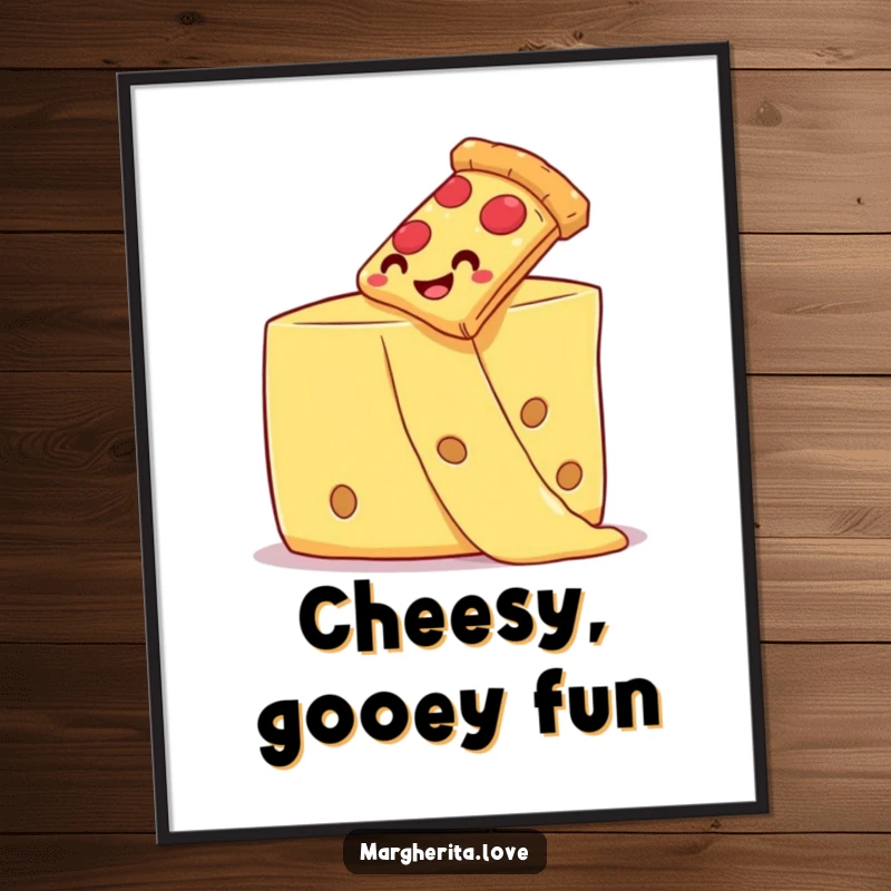 Smiling pizza slice joyfully sliding down a gooey strand of cheese, presented as a fun digital art print.