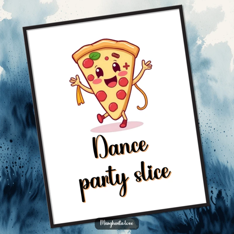 Funny digital art print of a smiling pizza slice character dancing with a pasta noodle, perfect for instant, fun food decor.