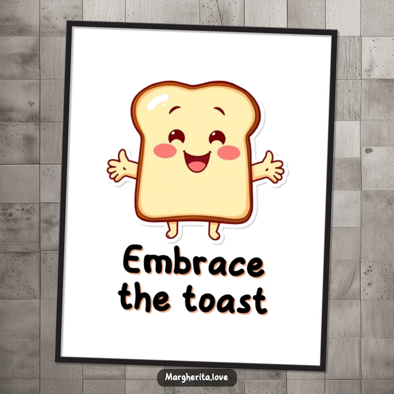 Funny digital art print of a smiling cartoon toast character with arms outstretched in a welcoming, cheerful hug. Instant joy.