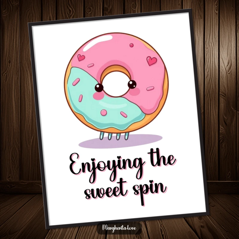 Funny spinning donut digital art print featuring a gleeful character on a fork, perfect for instant decoration.