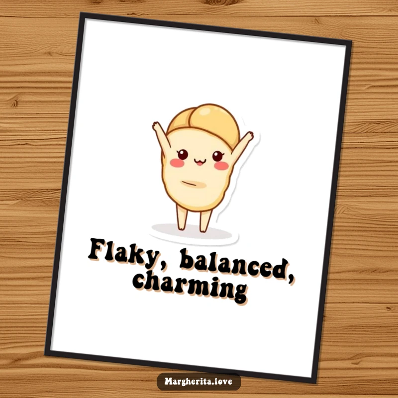 Funny digital art print of a charming croissant doing a handstand, offering instant whimsical elegance and playful decor.