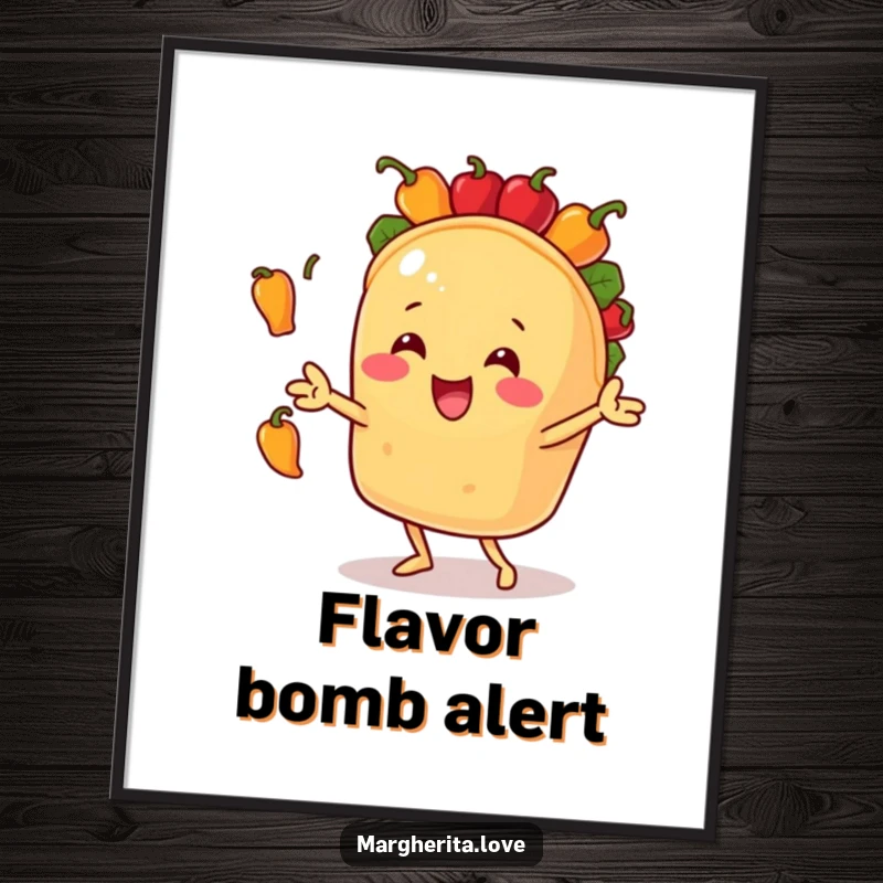 Funny digital art print of a joyful taco character enthusiastically juggling small bell peppers, ready to be printed and displayed.