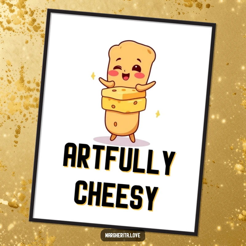 Funny giggling baguette balancing cheese, perfect for printable wall art to add instant humor and charm.