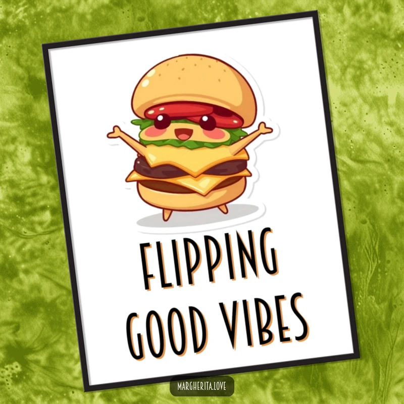 Funny digital art print of a playful burger happily flipping itself, offering instant humorous food-themed decor.