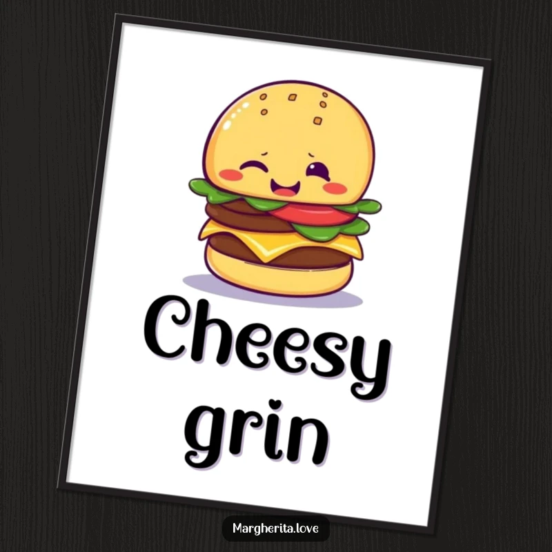 Funny cheeseburger wink digital art print of a giggling cheeseburger giving a playful wink, offering cheeky humor for instant download.