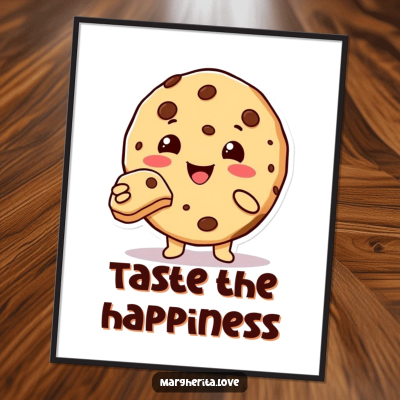 Funny cute cookie character offering a bite, printable digital art.