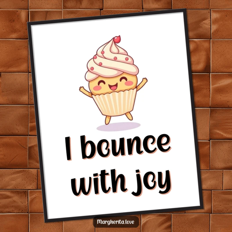 Funny digital art print of a cheerful cupcake with frosting, gleefully bouncing a ball, ready to add sweet fun.