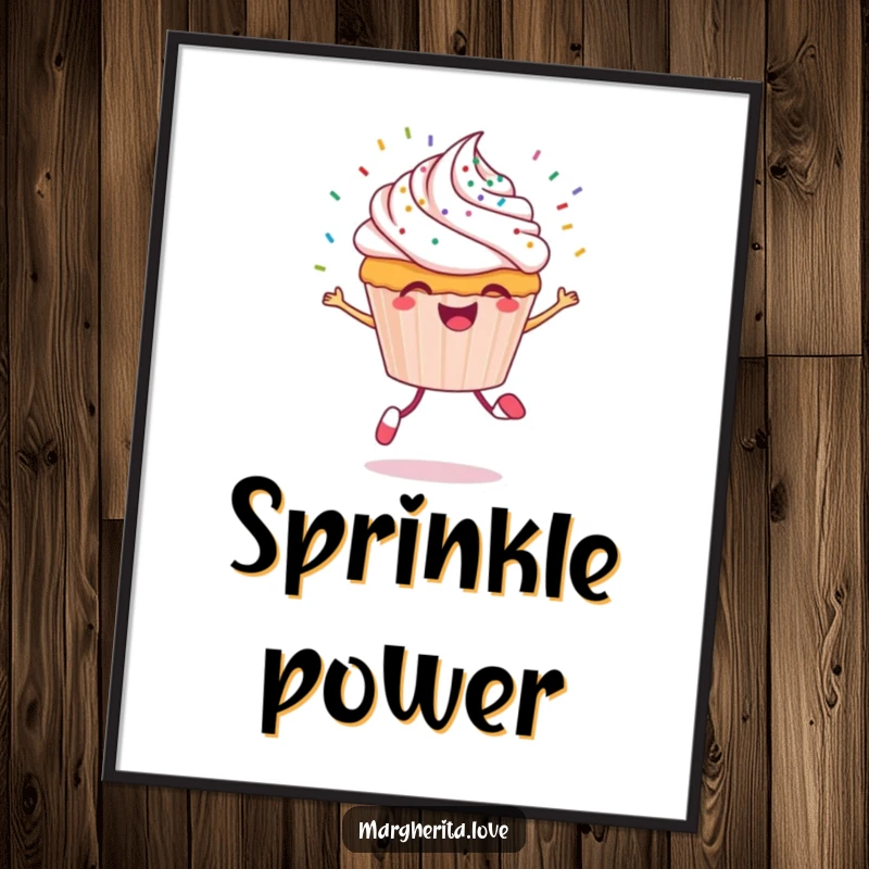 Funny cupcake digital art print of a cheerful cupcake character skipping with sprinkles flying, ready for download.