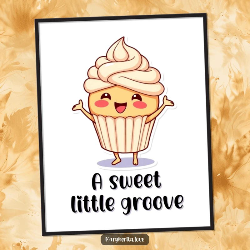 Funny cupcake digital art print of a joyful character with frosting, captured mid-dance, perfect for adding instant cheer and humor.