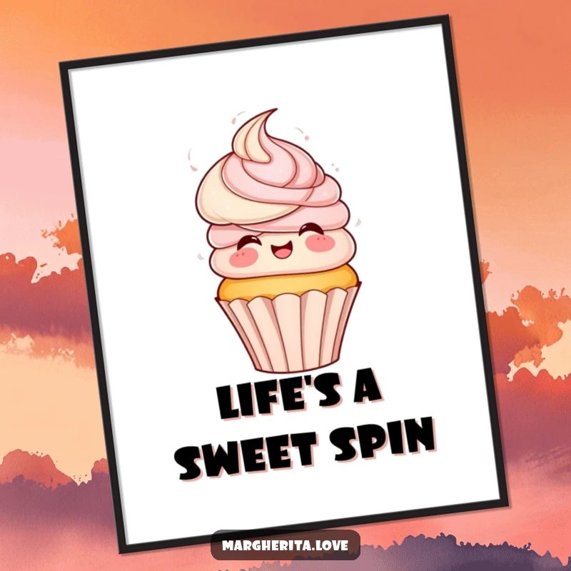 Funny digital art print of a playful cupcake with frosting hair, spinning excitedly, ideal for sweet and charming decor.