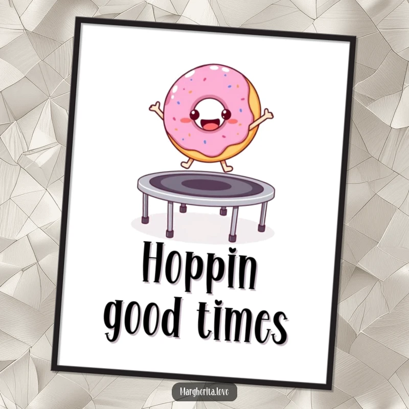 Funny bouncy donut character jumping on a trampoline, printable digital art.