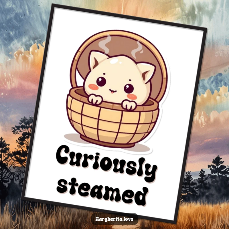 Funny curious dumpling peeking from a steaming basket, perfect for printable wall art to add instant charm.