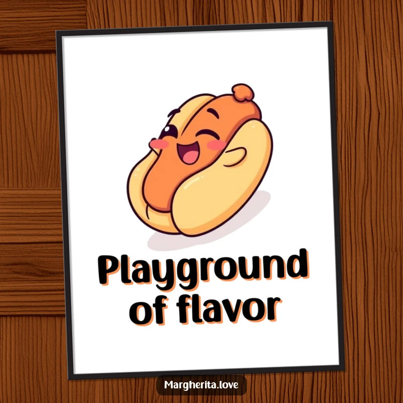 Funny digital art print: A smiling hot dog winks while sliding down a bun like a playground, capturing playful fun.