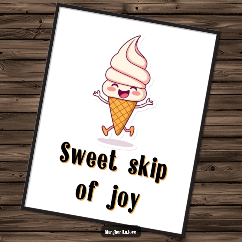 Funny ice cream digital art of a beaming ice cream cone joyfully skipping, perfect for instant printable wall decor.