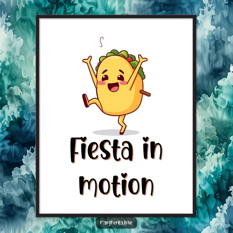 Funny digital art print of a happy taco character joyfully doing a cartwheel, full of fiesta spirit and infectious energy.
