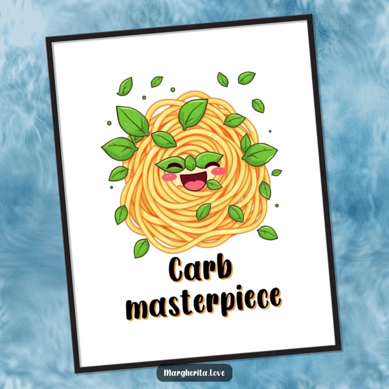 Funny digital art print of a pasta swirl juggling basil leaves, offering instant whimsical wall decor.