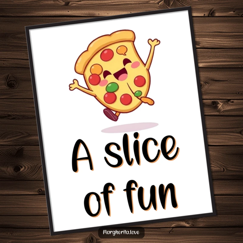 Funny pizza slice character in a dynamic cartwheel pose, presented as a digital art print for instant decor.