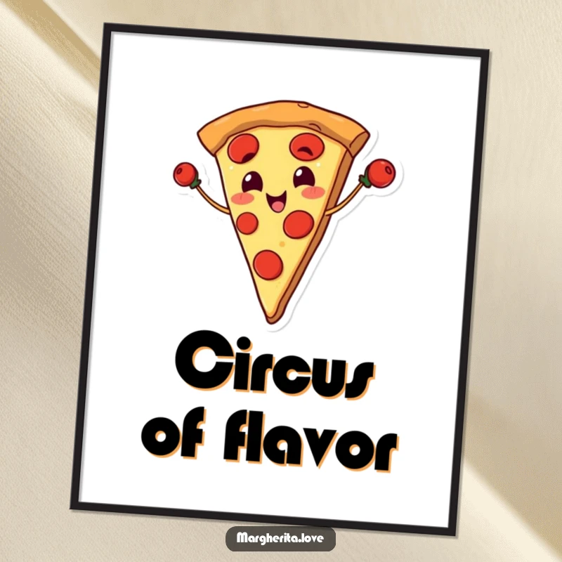 Funny digital art print of a smiling pizza slice juggling pepperoni, depicting a humorous and appetizing scene.