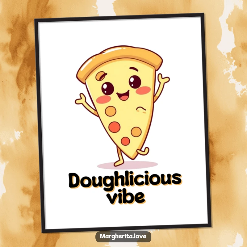 Funny pizza slice digital art print of a smiling, anthropomorphic pizza character dancing, offering vibrant humor and artistic appeal for instant download.