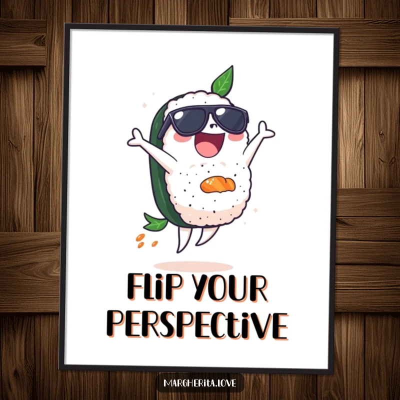 Funny digital art print of a delighted sushi piece in sunglasses doing a backflip, bringing dynamic and cool vibes.