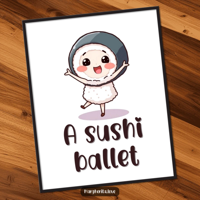 Smiling sushi roll character performing a graceful pirouette, presented as a digital art print for instant decor.