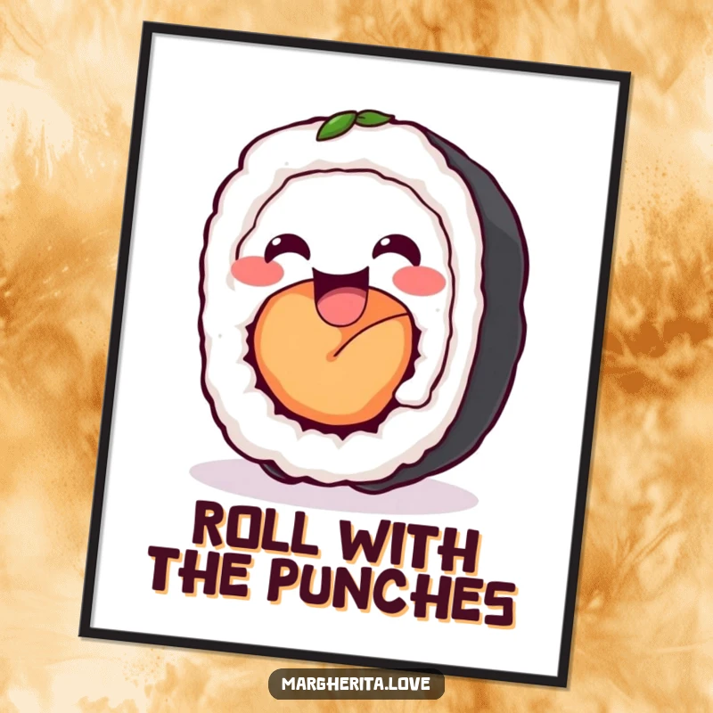 Funny sushi roll wiggle digital art print of a delighted sushi roll wiggling happily, offering charm and humor for instant download.