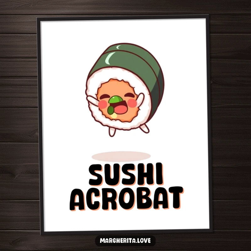 Funny digital art print of a joyful sushi roll character performing a playful somersault, ready for immediate printing.