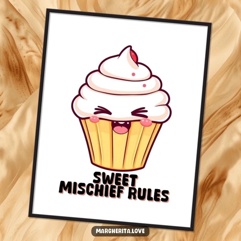 Funny digital art print of an enthusiastic cupcake winking mischievously, offering instant sweet charm and playful decor.
