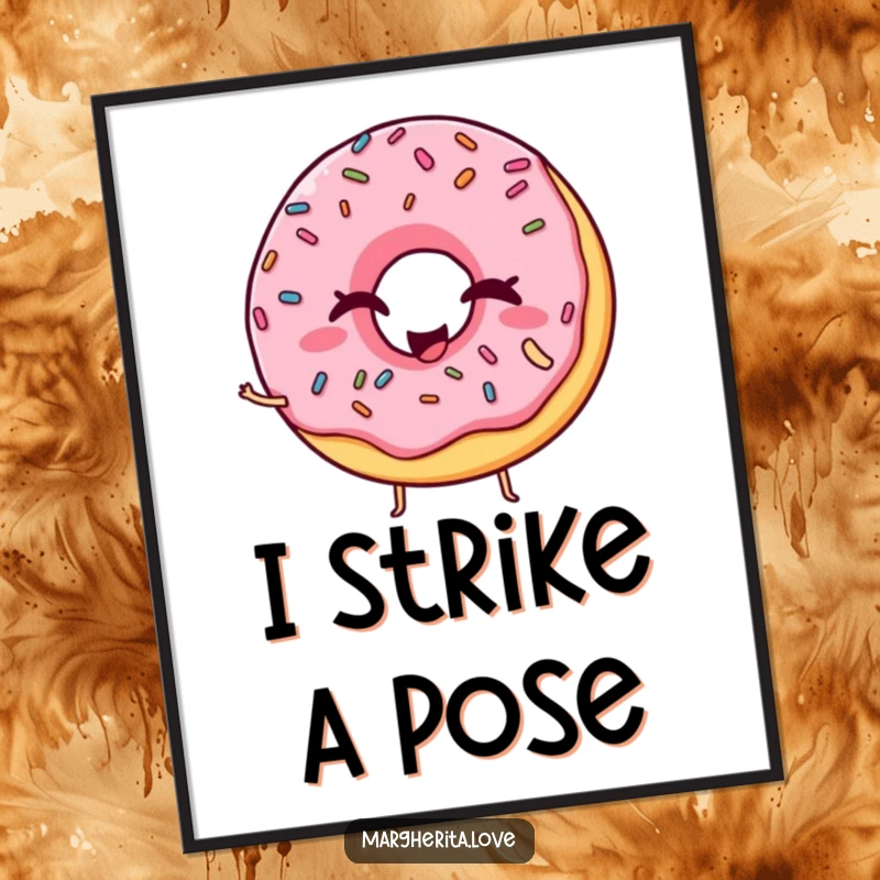 Funny digital art print of a winking donut with sprinkles striking a silly pose, ready to add whimsical charm.
